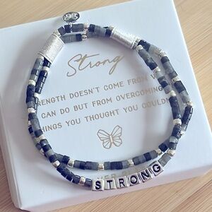 Brand New Set of Silver Plated Beaded Stretch Bracelets Butterfly Charm “Strong”
